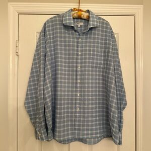 Peter Millar Mens Linen Blend Button Up Shirt Blue White Plaid Size XXL Preppy